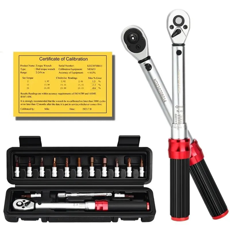 Ratchet wrench set with accessories and calibration certificate on a white background, featuring the Rider Ace brand.