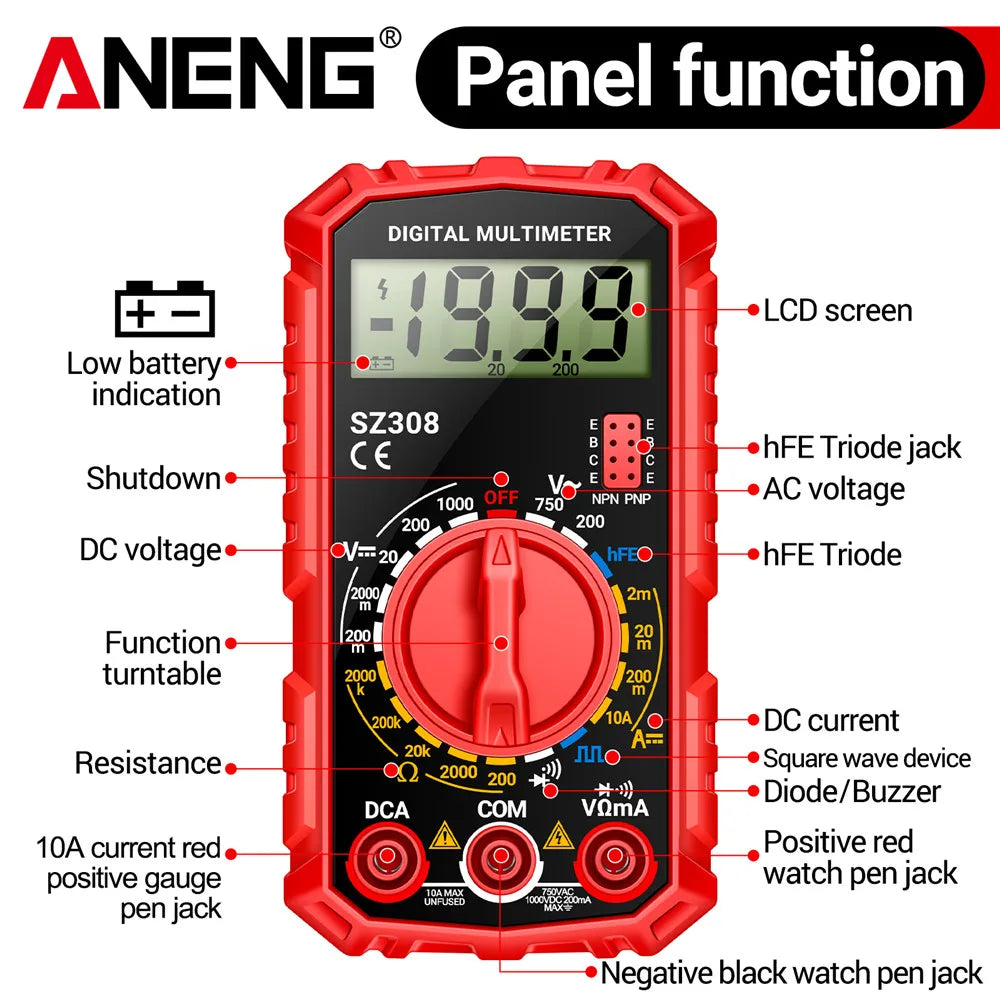 Digital Multimeter AC/DC Current Meter Voltage Resistance Meter Electrician LCD Backlight Ohm Square Wave Test