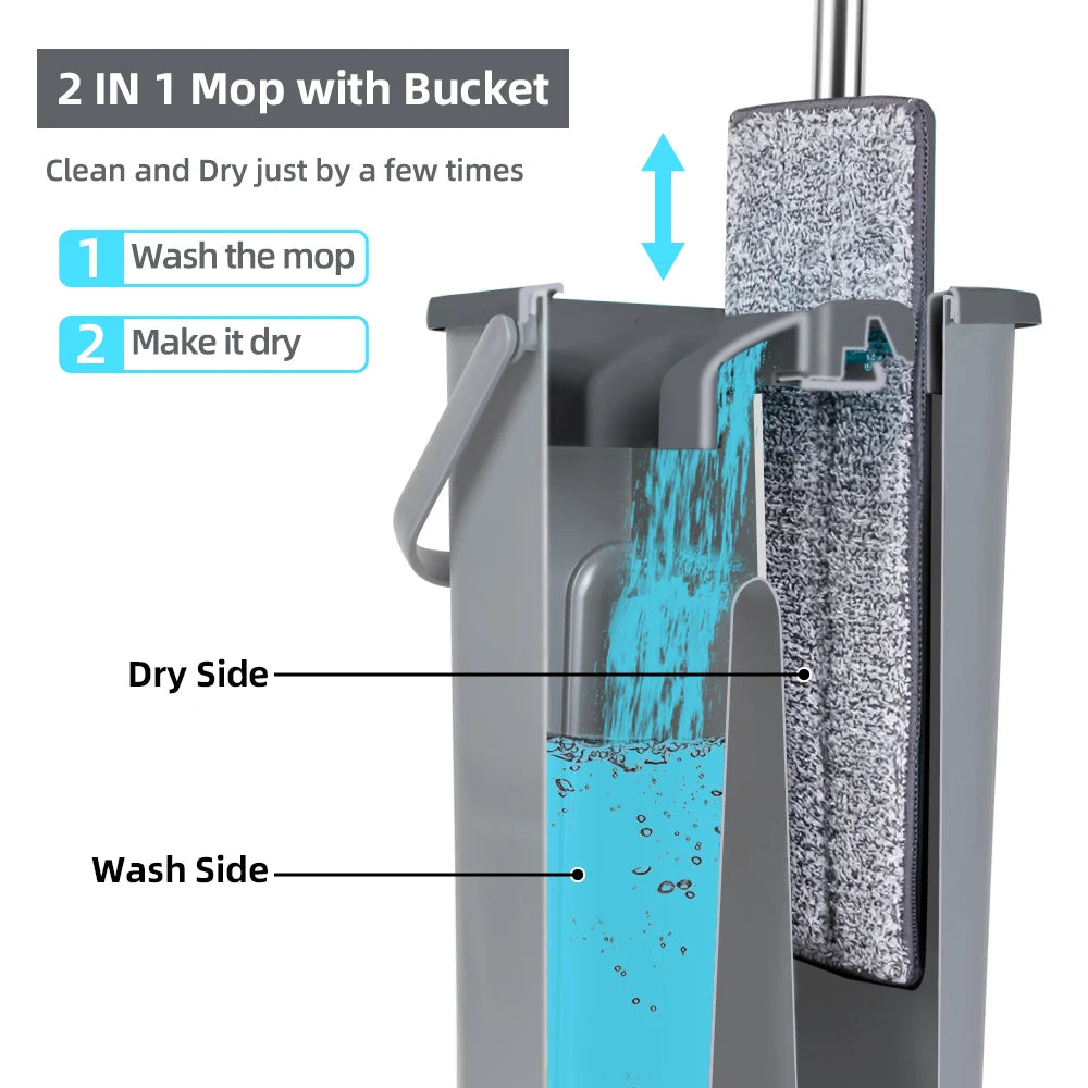 Hands Free Flat Floor Mop and Bucket Set with Washable Microfiber Pads for Hardwood Floors