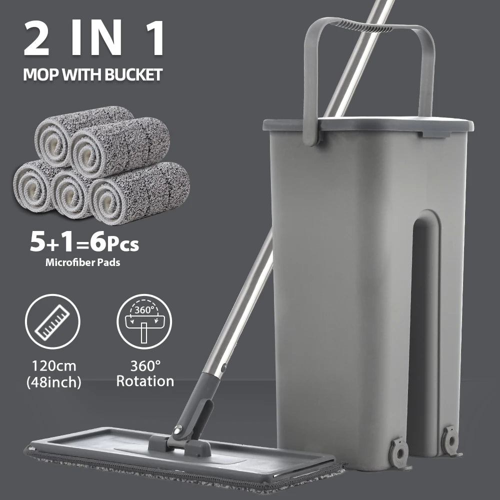 Hands Free Flat Floor Mop and Bucket Set with Washable Microfiber Pads for Hardwood Floors