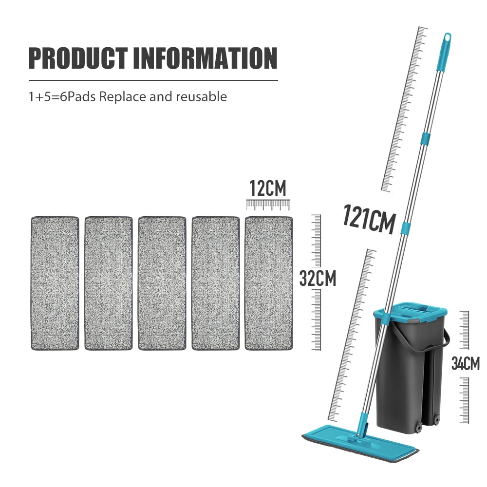 Hands Free Flat Floor Mop and Bucket Set with Washable Microfiber Pads for Hardwood Floors