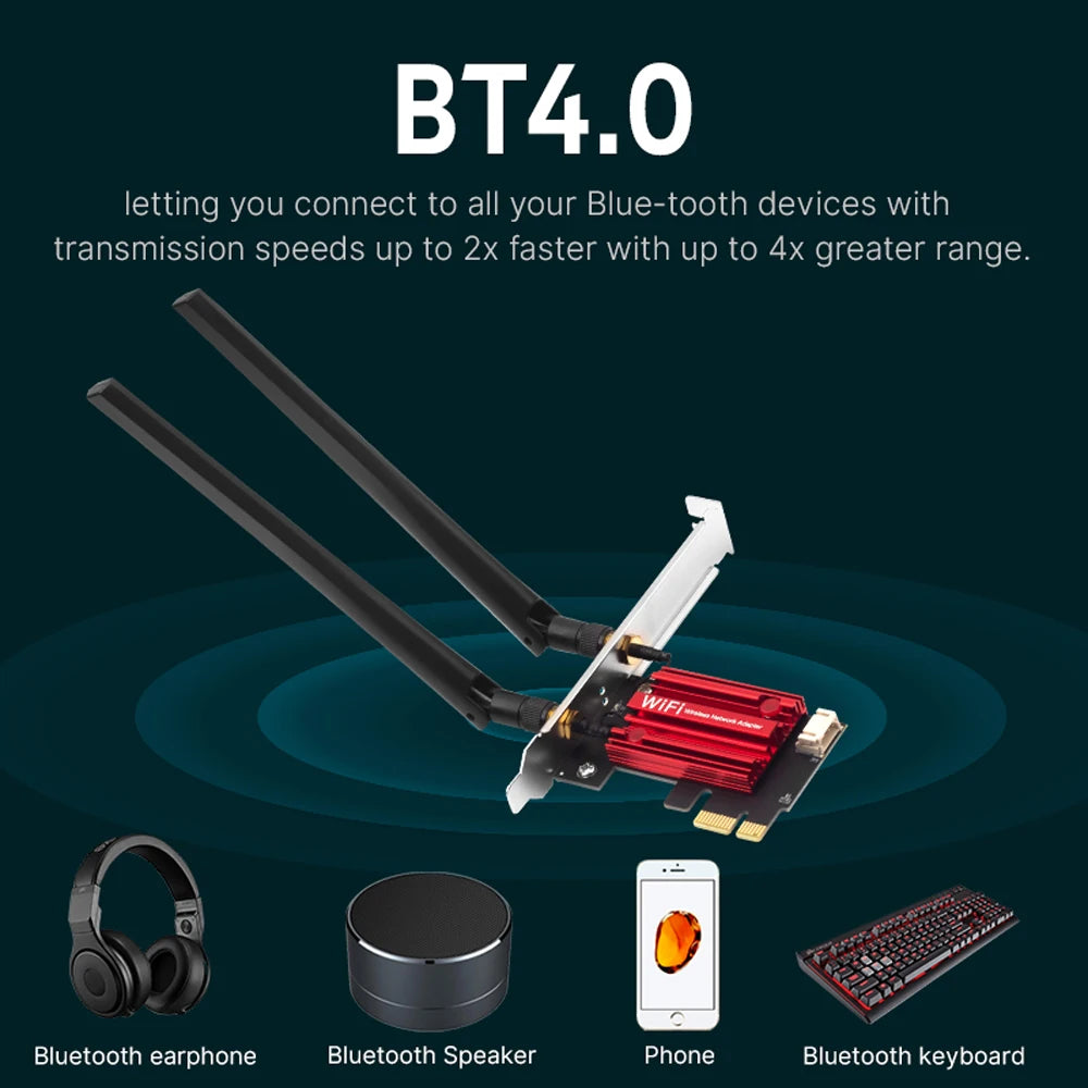 WiFi 5 PCI-E Wireless Adapter AC1200 Network Card Dual Band 2.4G/5GHz 802.11AC For Bluetooth 4.0 Desktop Windows 7/8/10/11