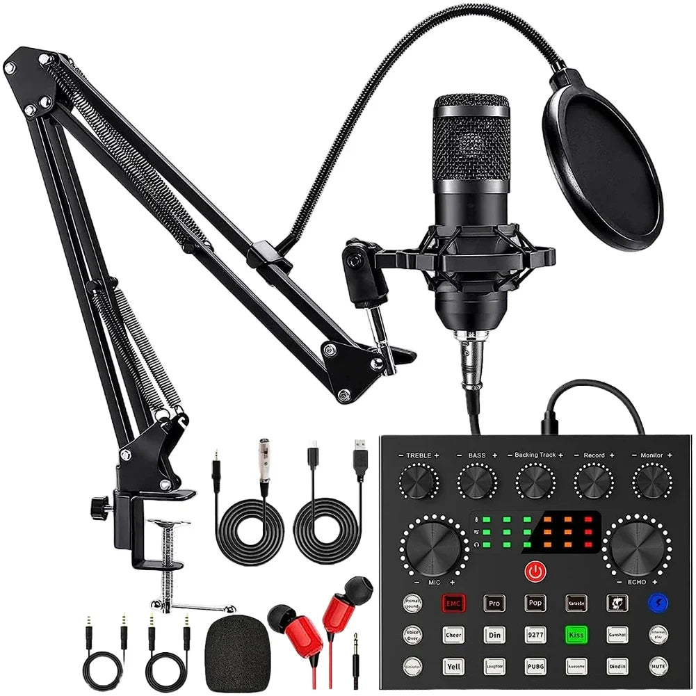 Podcast Microphone Kit USB/XLR Dynamic Mic Boom Arm Sound Card Set for Gaming Streaming Karaoke