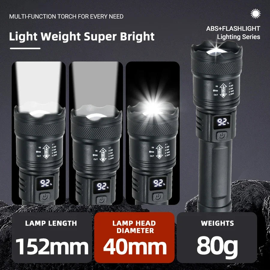 High Strong Power Led Flashlights 2000LM Tactical Torch with Display Light