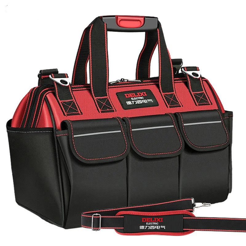 Red and black tool bag with DELIXI Electric branding on a white background
