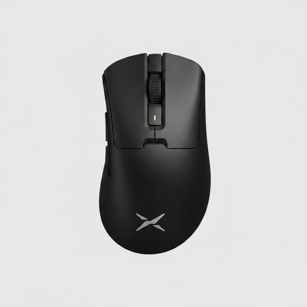 Black Delux gaming mouse with promotional text on a pink background