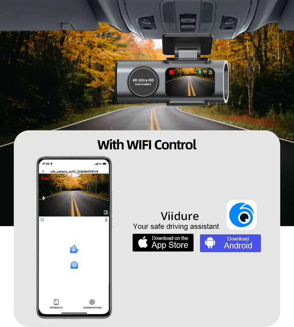 4K UHD Dash Cam with Night Vision, WiFi, GPS & 24H Parking Monitor DVR Camera