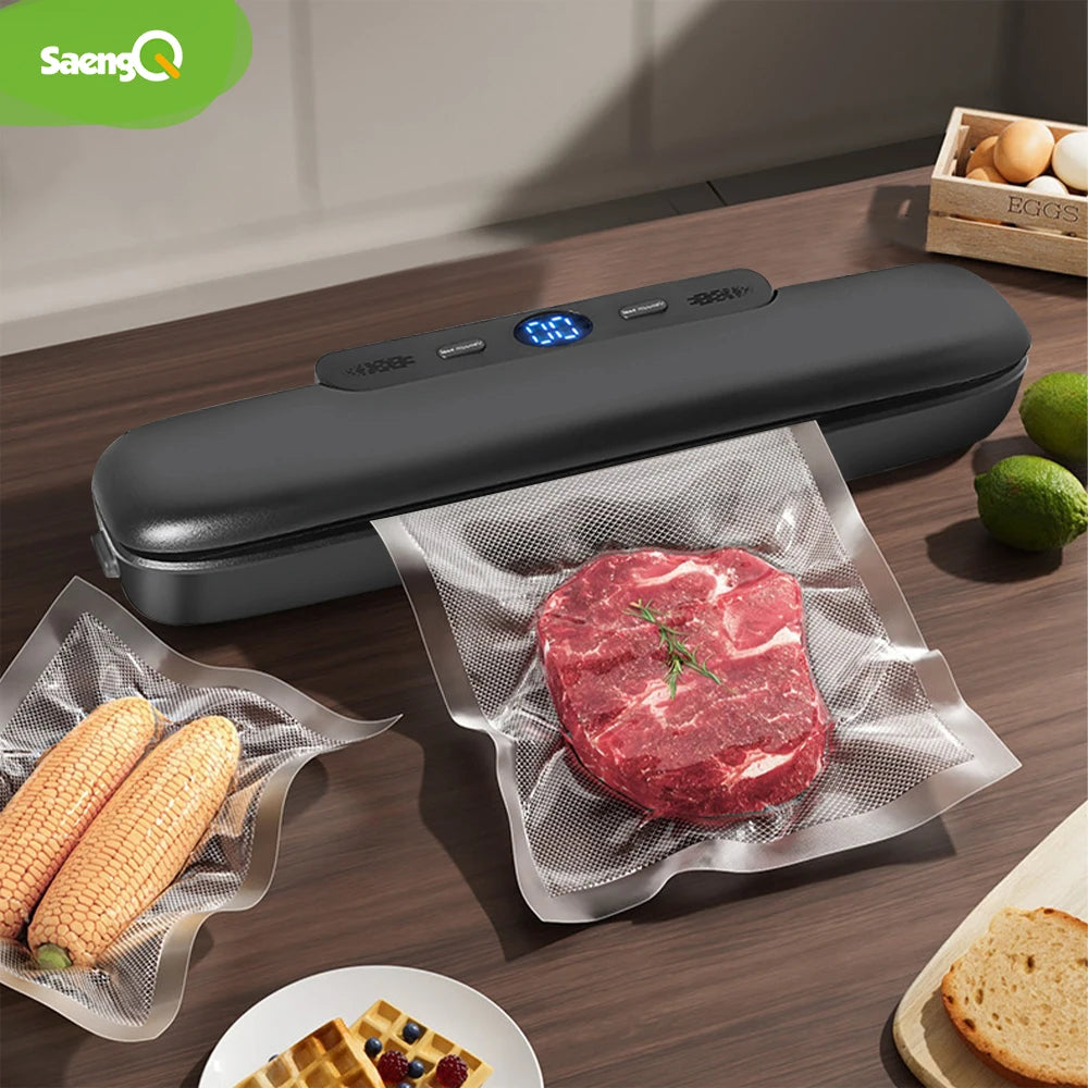 Vacuum sealer packaging food on a wooden table with 'SaengQ' branding.