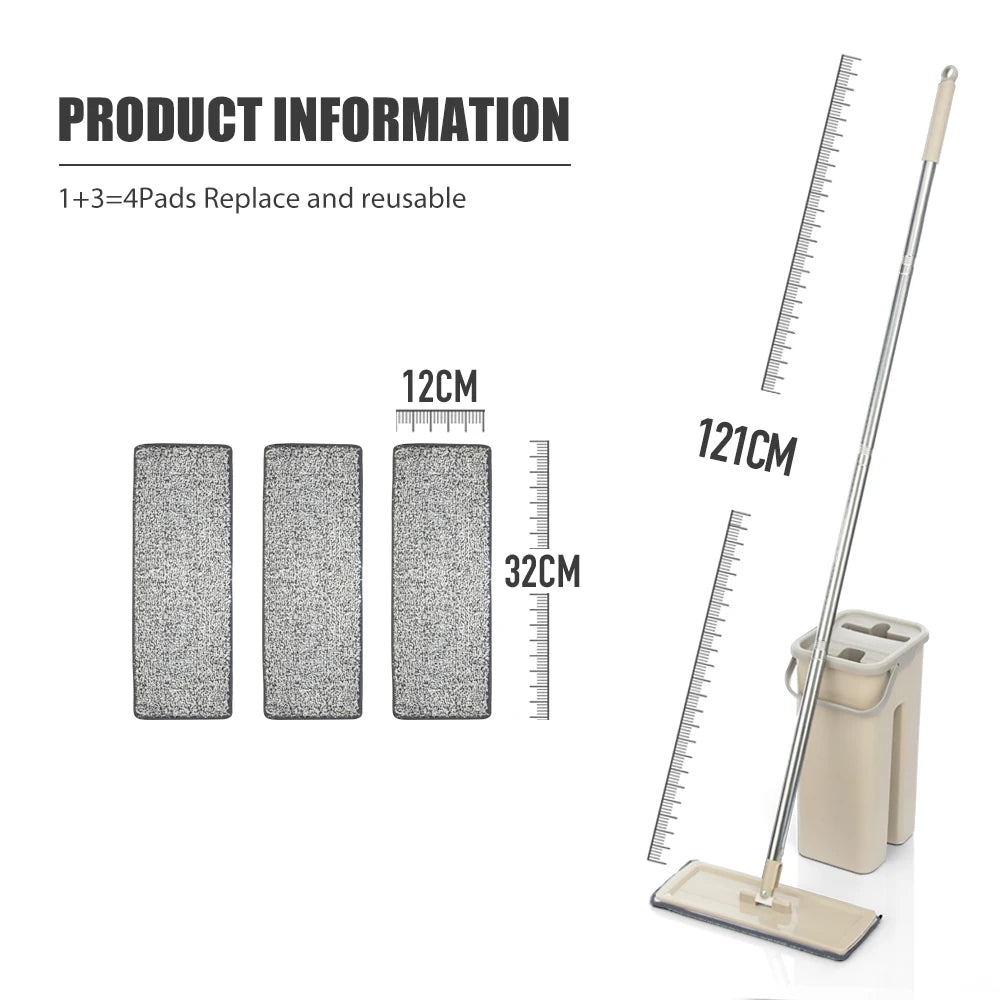 Hands Free Flat Floor Mop and Bucket Set with Washable Microfiber Pads for Hardwood Floors
