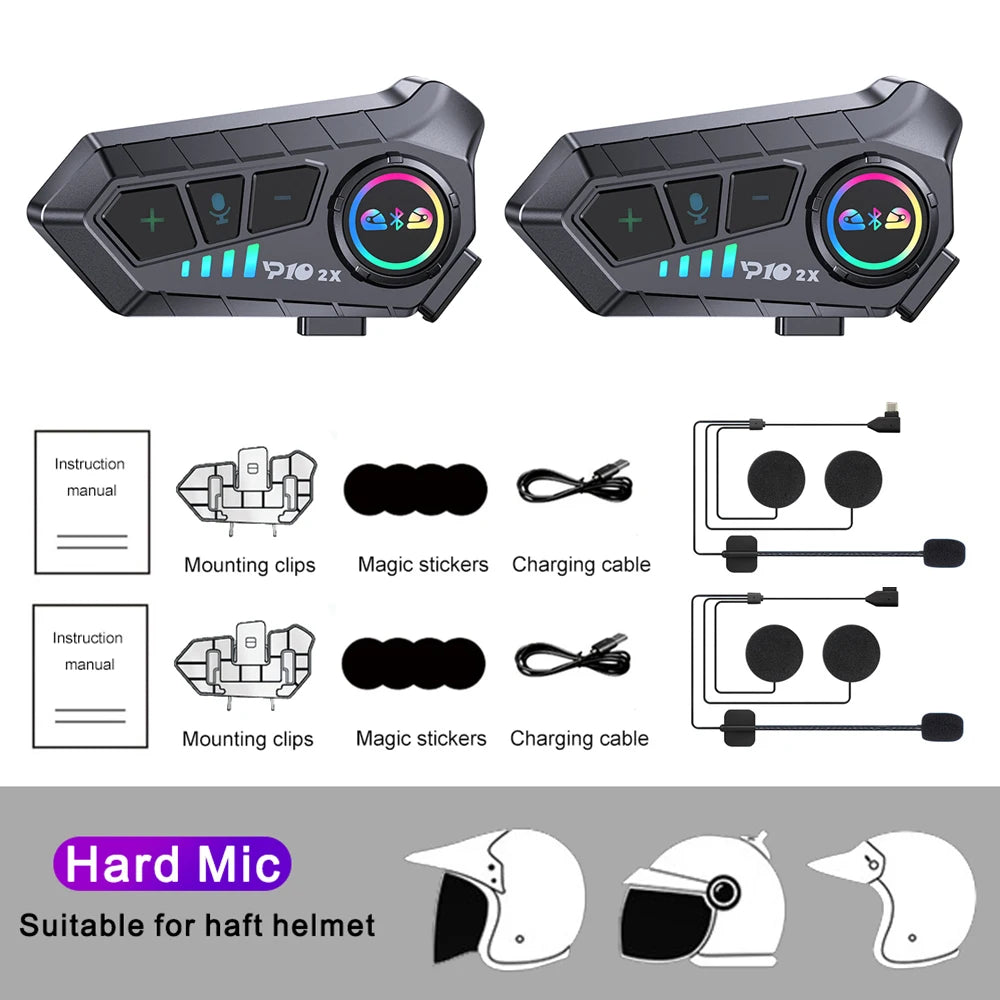 Motorcycle Intercom Headset BT 5.3 Waterproof Helmet Interphone for 2 Riders 300M Music Share