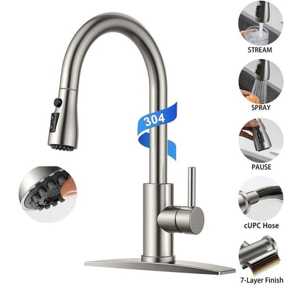 TVOFEK Kitchen Faucet with Pull Down Sprayer, Brushed Nickel Stainless Steel Kitchen Water Faucet with Deck Plate for 1 or 3 Hole, Single Handle Classic Faucets for RV Laundry Bar