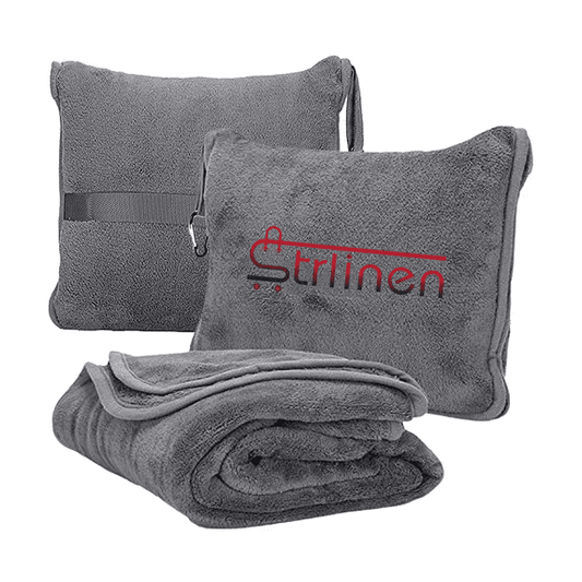Strlinen Travel Blanket and Pillow - Premium Soft 2 in 1 Airplane Blanket with Soft Bag Pillowcase, Hand Luggage Sleeve and Backpack Clip (Grey)