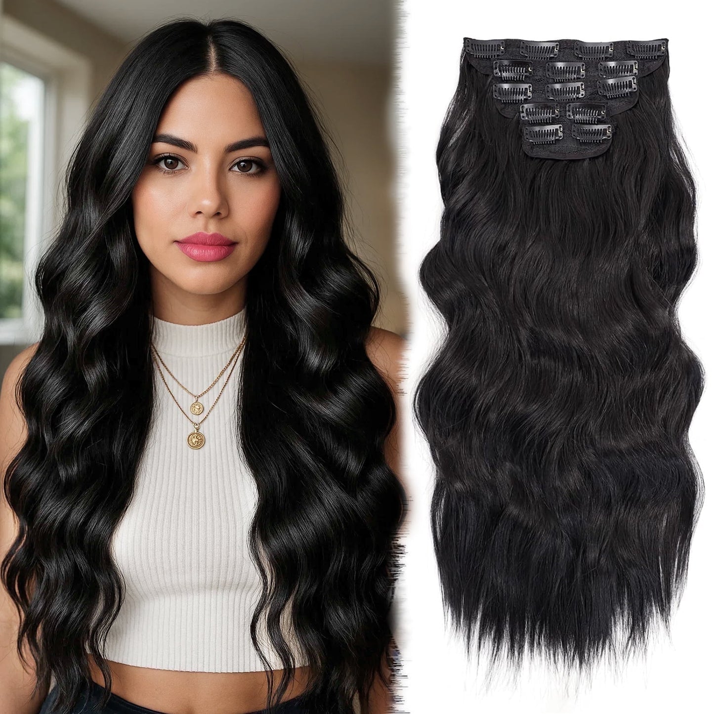 Jungle Wave Synthetic Clip in Hair Extensions 20 Inch 4Pcs Long Wavy Thick Hairpieces Double Weft Natural Hair Extensions for Women,Black