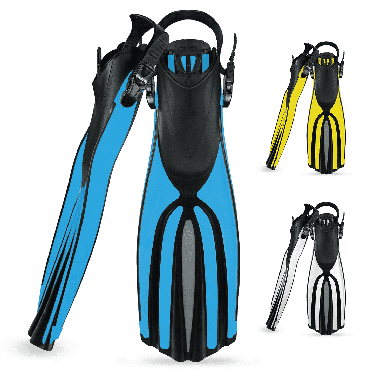 TUDIVING Snorkel Fins, Professional Adjustable Power Open Heel Scuba Diving Fins for Adult Men Women, Blue L/XL