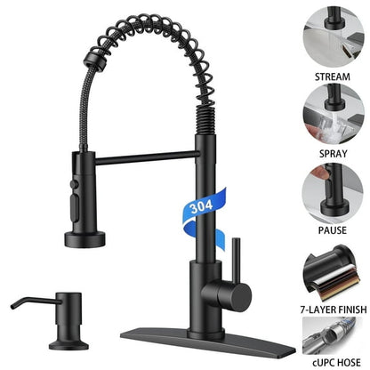TVOFEK Kitchen Faucet with Sprayer and Soap Dispenser, Black Single Handle Kitchen Sink Faucets with Deck Plate for 1 or 3 Hole, Spring Faucet for RV Laundry Bar