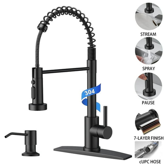 TVOFEK Kitchen Faucet with Sprayer and Soap Dispenser, Black Single Handle Kitchen Sink Faucets with Deck Plate for 1 or 3 Hole, Spring Faucet for RV Laundry Bar