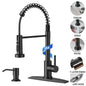 TVOFEK Kitchen Faucet with Sprayer and Soap Dispenser, Black Single Handle Kitchen Sink Faucets with Deck Plate for 1 or 3 Hole, Spring Faucet for RV Laundry Bar