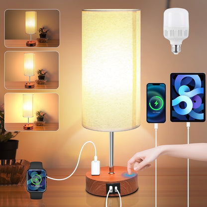 Table Lamps for Bedroom, 3 Way Dimmable Touch Control Bedside Lamp with USB C+A Fast Charging Ports, Nightstand Lamp for Office, Living Room, Reading(E26 Light Bulb Included), Wood