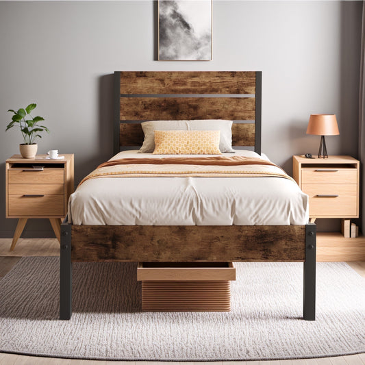 Dowellia Twin Bed Frame with Headboard and Footboard, Metal Support, Rustic Brown