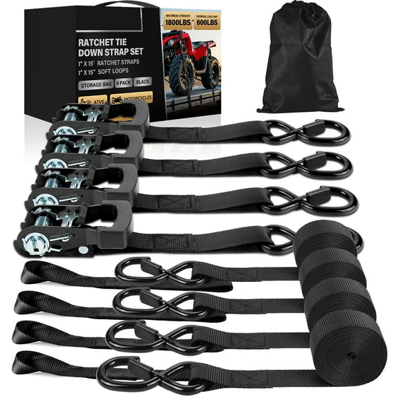 UNTIMATY 4 Pack Ratchet Straps with Hook Cargo Straps Heavy Duty Tie Down Straps with Safety S Hooks, Rubber Grips and Soft Loops,1 in × 15ft ,1800 LB Break Strength