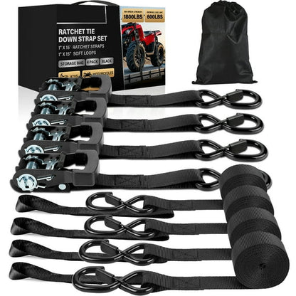 UNTIMATY 4 Pack Ratchet Straps with Hook Cargo Straps Heavy Duty Tie Down Straps with Safety S Hooks, Rubber Grips and Soft Loops,1 in × 15ft ,1800 LB Break Strength