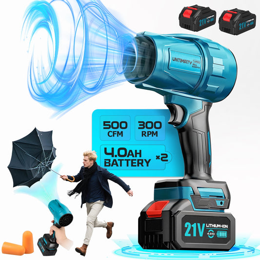 UNTIMATY 500 CFM Cordless Leaf Blower for Lawn Care 300K RPM Battery Leaf Blower Leaf Blower with 2 x 4.0Ah Battery, Charger, Stepless Speed Adjustment