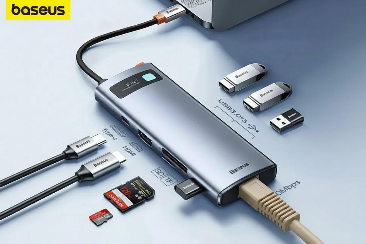 USB hub with multiple ports and connectors on a light blue