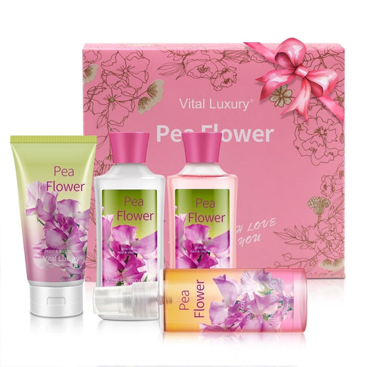 Vital Luxury Bath & Body Kit 4 Pcs,Pea Flower Scent Home Spa Set for Adult,with Hand Cream,Body Lotion,Shower Gel and Mist