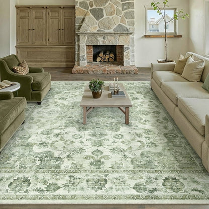 WIPONKEN 8x10 Area Rugs for Living Room Bedroom Dining Room Office Farmhouse, Machine Washable Non Slip Vintage Persia Rug Green