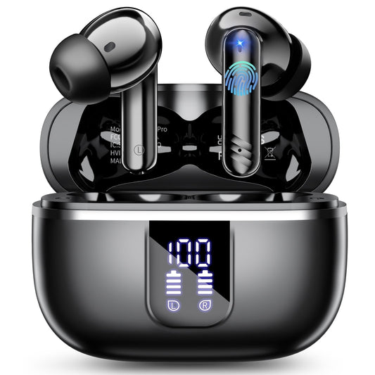 Wireless Bluetooth Earbuds Noise Cancelling in Ear Buds Deep Bass Stereo, 50H Playtime with Mics, LED Display, IPX7 Waterproof Earphones for iphone Android Laptop, Black