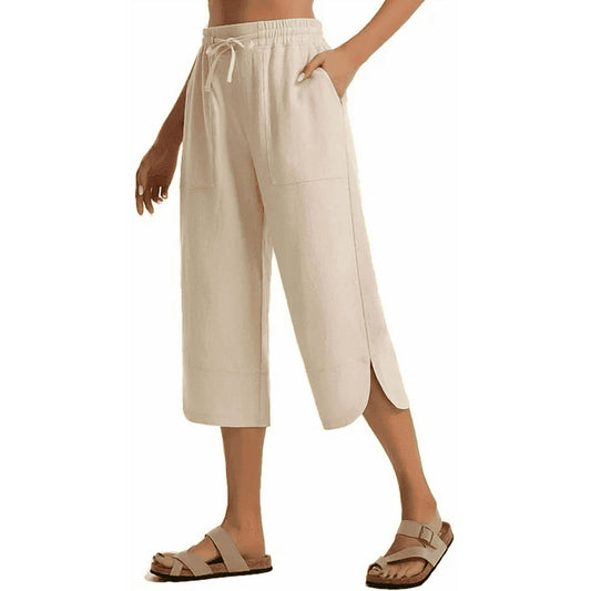 WQD Women's Capri Pants High Waisted Linen Wide Leg Trousers Summer Casual Palazzo Work Pants with Pockets