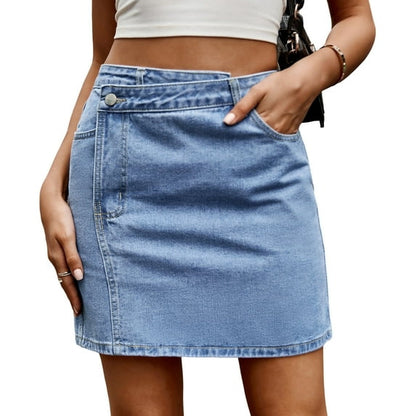 Women's Denim Jean Skirt High Waisted Button Front Mini Skirt with Pockets Irregular Waist Design A-Line Stretch Girls Vintage Skirt