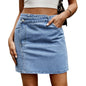 Women's Denim Jean Skirt High Waisted Button Front Mini Skirt with Pockets Irregular Waist Design A-Line Stretch Girls Vintage Skirt