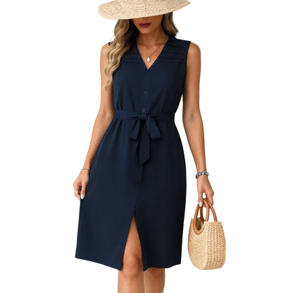 MLDRA Women's Dresses Midi Sundress Belted Shirt Sleeveless V-Neck Flowy Beach Skirt 2025 Spring Summer Casual Navy
