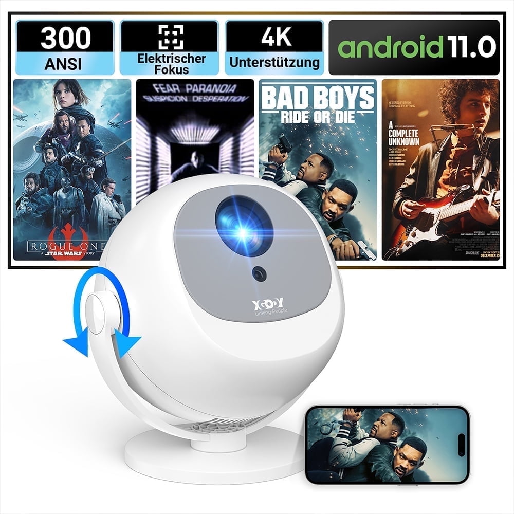 XGODY WA2 Native 1080P 320ANSI Smart Projector with Wifi and Bluetooth,Auto Focus for Camping/Gaming,White, 1 Count