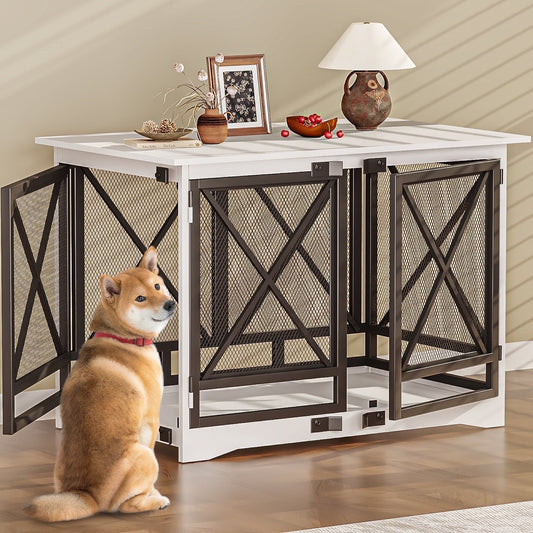 48 inch Extra Large Dog Crate Furniture,Double Door Indoor Kennel,End Side Table Wooden Dog Crates,Anti-Chew Anti-Escape, White