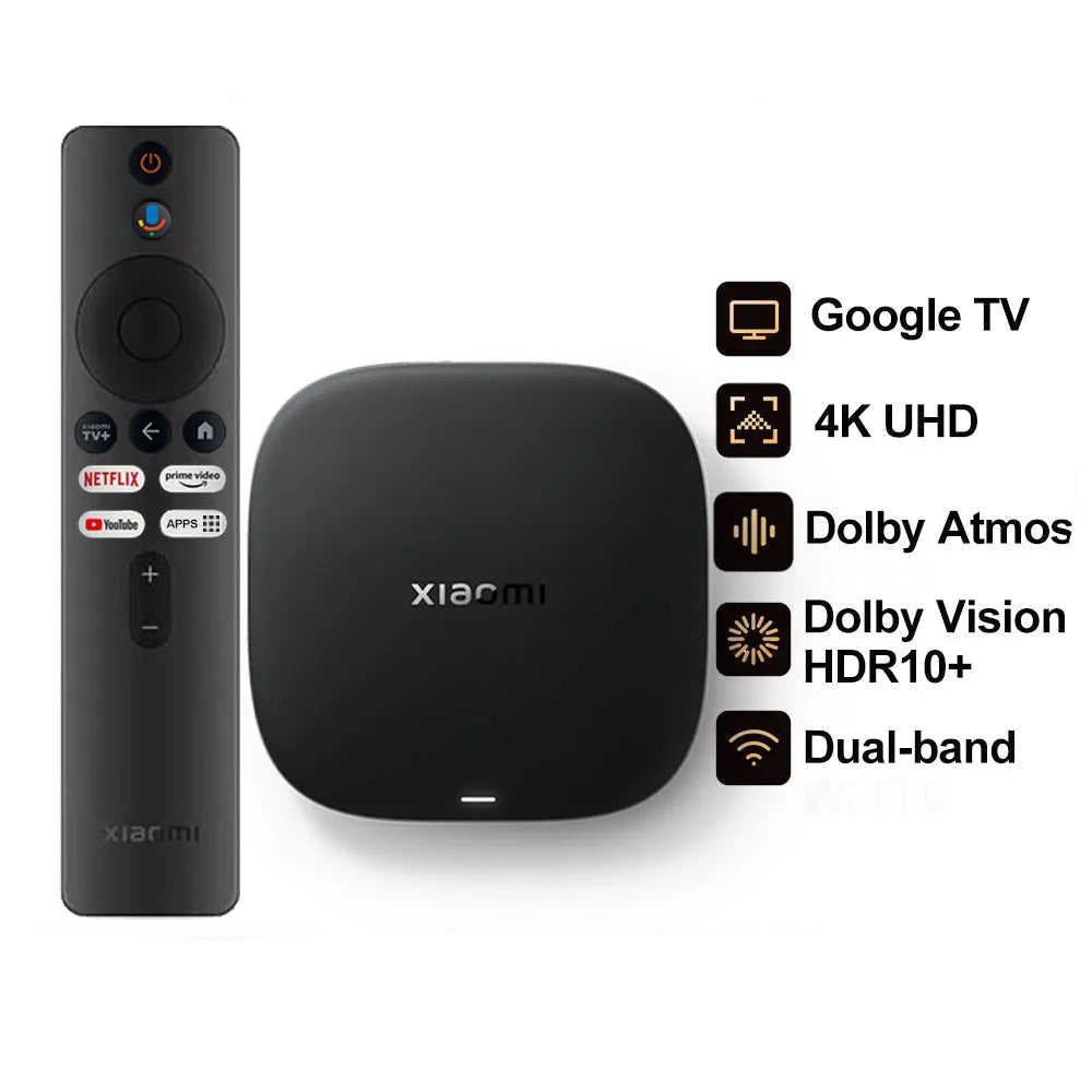 Xiaomi TV Box S with remote control on a white background, featuring product details and branding.

