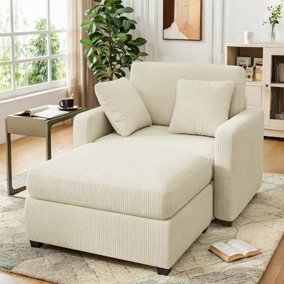 LUMIHO Chaise Lounge Chair Indoor, 42" Sleeper Chair with Two Throw Pillows and Armrests, Corduroy Chaise Couch Chair with Ottoman for Living Room, Bedroom, Apartment, Beige