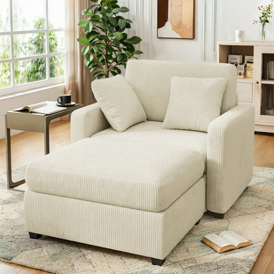 LUMIHO Chaise Lounge Chair Indoor, 42" Sleeper Chair with Two Throw Pillows and Armrests, Corduroy Chaise Couch Chair with Ottoman for Living Room, Bedroom, Apartment, Beige