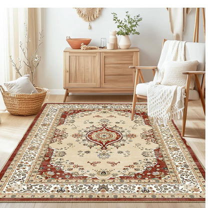 4x6 Rug - Stain Resistant Washable Rug, Anti Slip Backing Rugs for Living Room, Foldable Vintage Small Area Rugs, Red