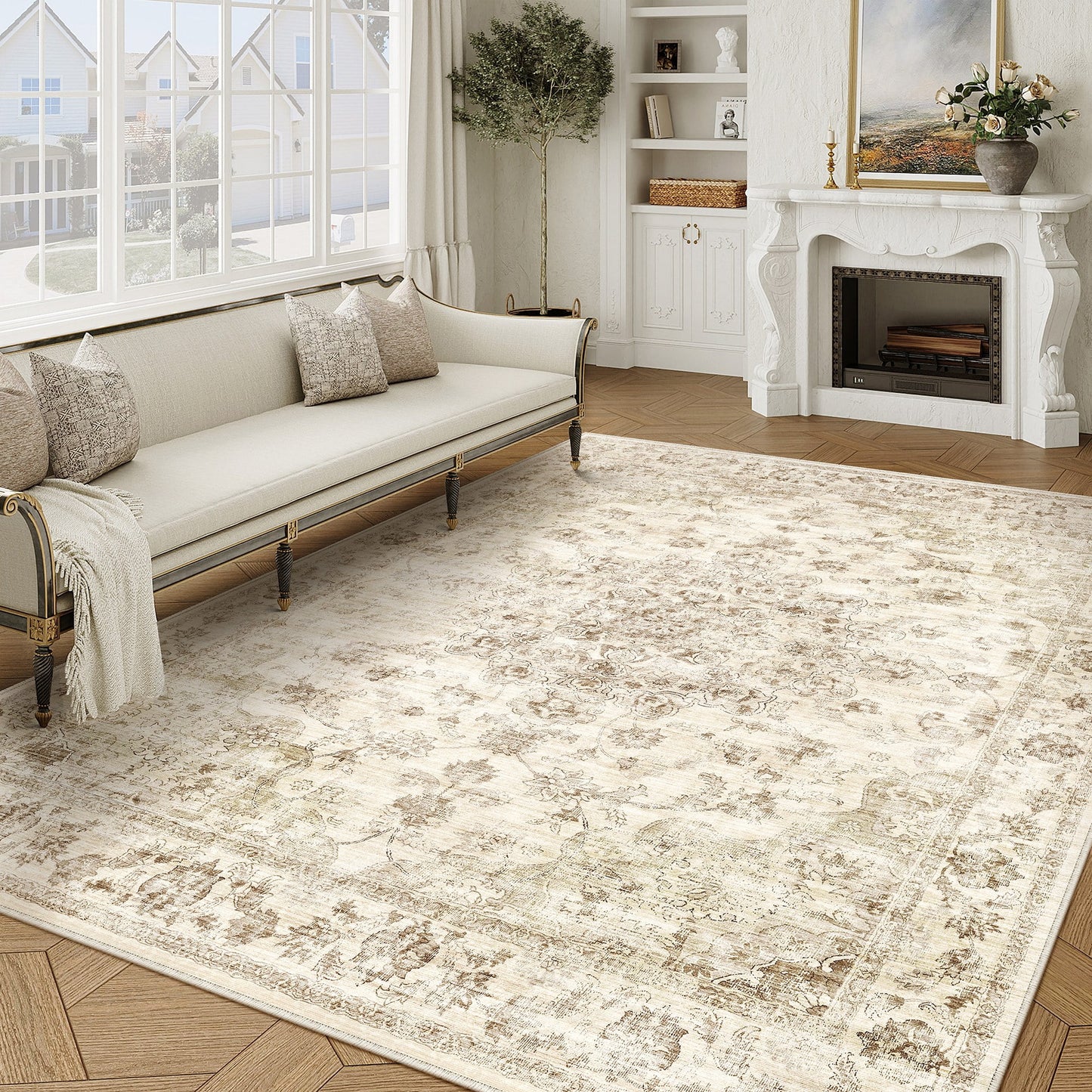 WIPONKEN 8x10 Area Rugs for Living Room Bedroom Dining Room Office Farmhouse, Machine Washable Non Slip Vintage Persia Rug Beige