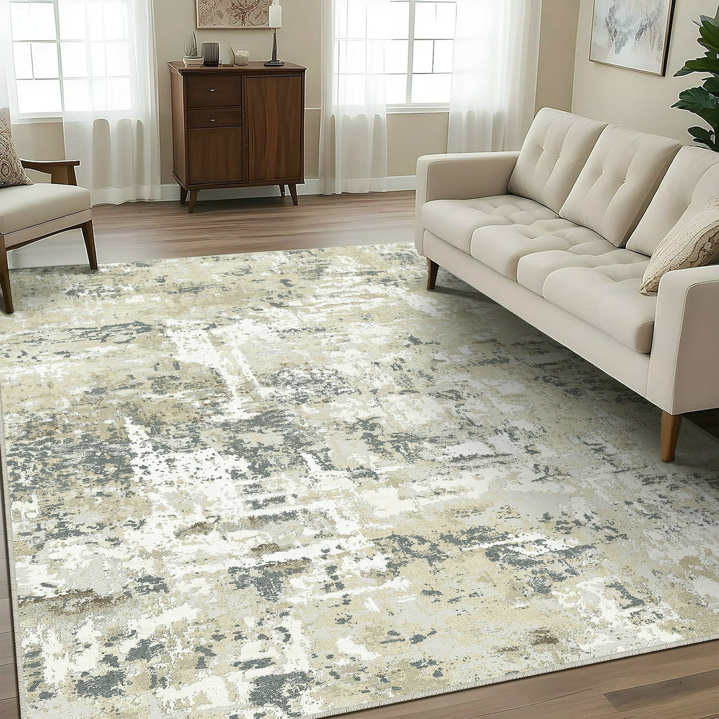 WIPONKEN 8x10 Area Rug for Living Room and Bedroom, Washable Modern Abstract Low-Pile Mat with Non-Slip Backing