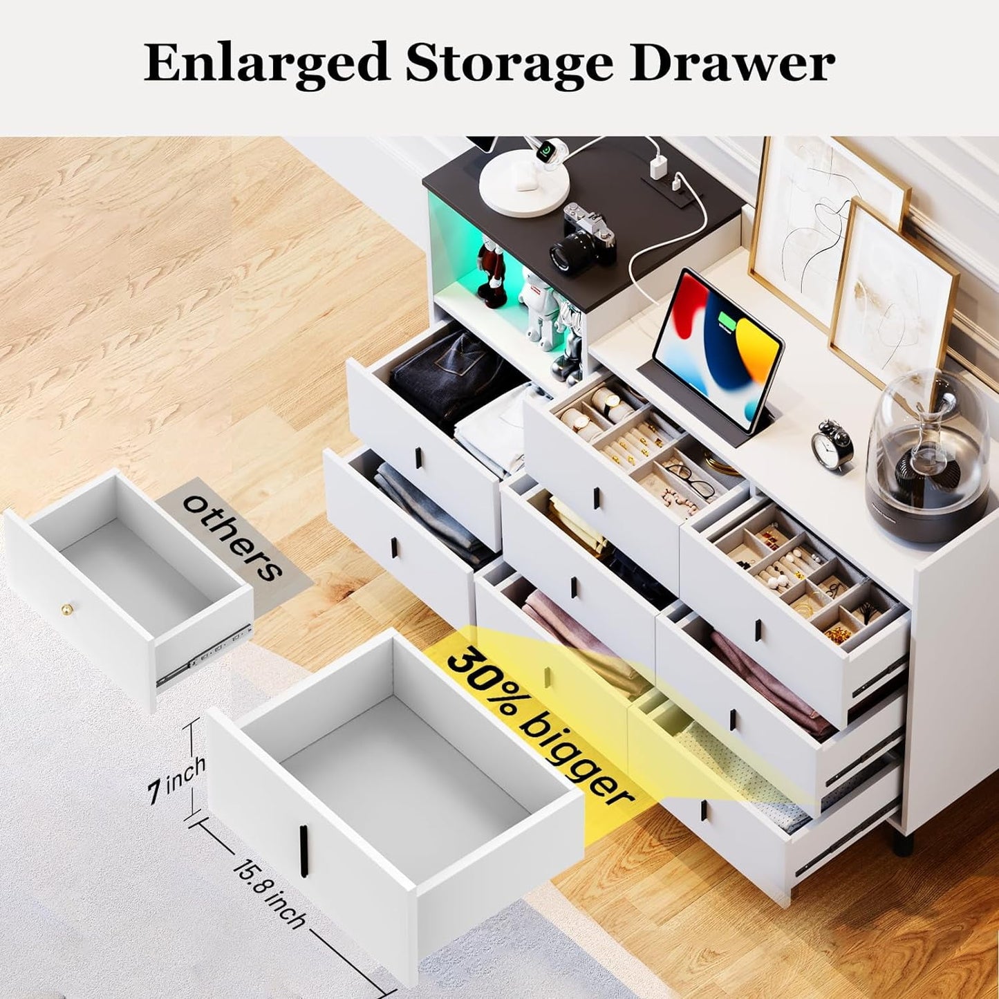 Dresser, Wooden Chest of Drawer for Bedroom, 8 Drawers Dresser with Charging Station, White