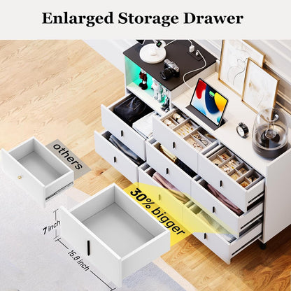 Dresser, Wooden Chest of Drawer for Bedroom, 8 Drawers Dresser with Charging Station, White