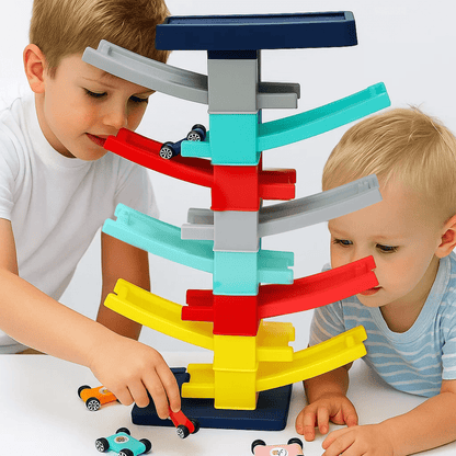 Freshe Car Ramp Toy, Race Track Car Ramp with 8 Ramps 6 Mini Cars, Slide Racing Toys Gifts, Toys for 3+ Years Old Boys and Girls