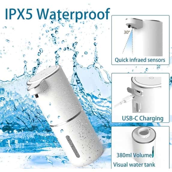 White automatic liquid soap dispenser with water splashes, showing infrared sensor, USB-C charging, and liquid level window.