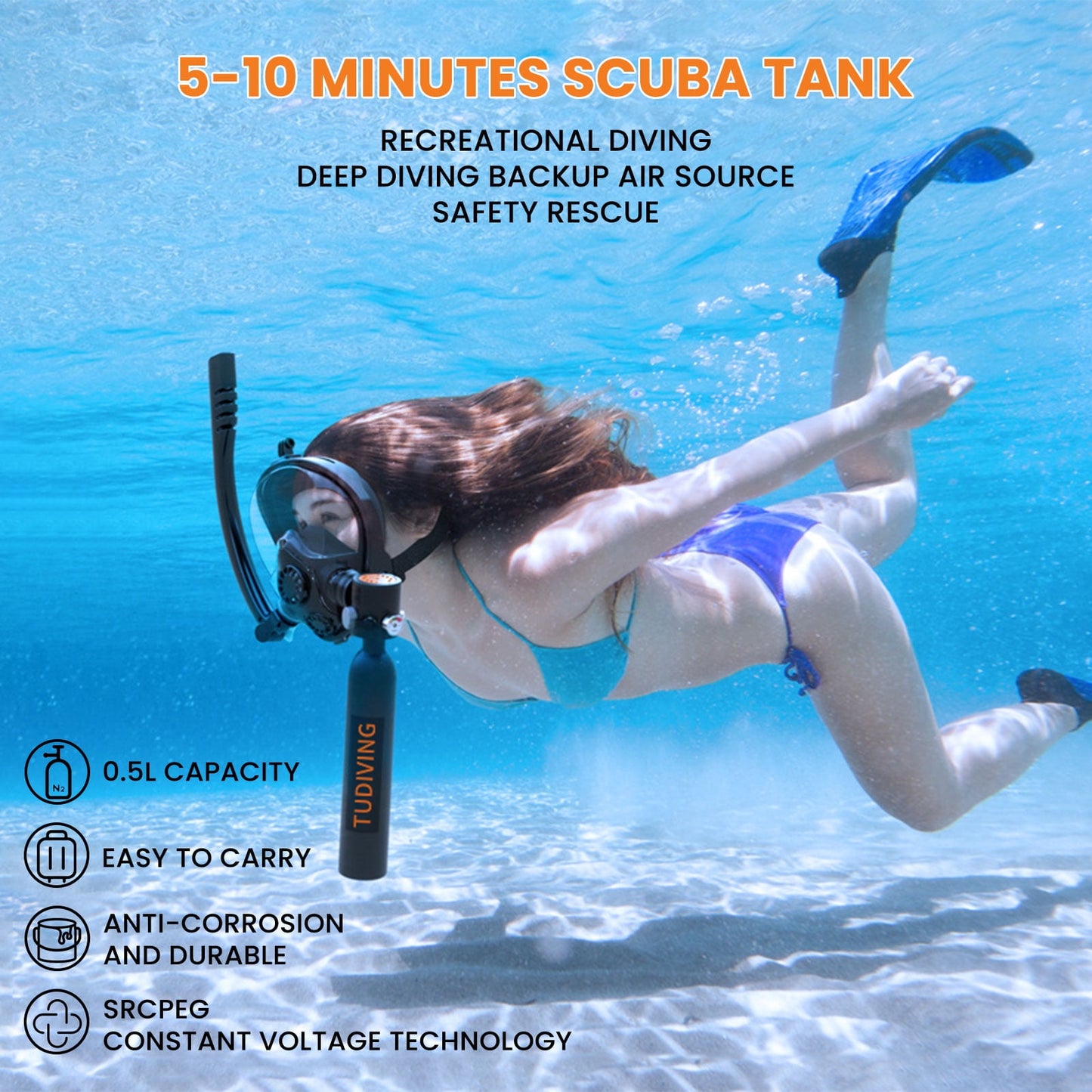 TUDIVING Mini Scuba Tank with Snorkel Mask, 0.5L Inflatable Diving Tank Suits for Recreational Snorkeling Shallow Diving