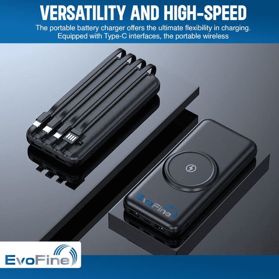EvoFine Wireless Power Bank, Portable Charger with Built-in 4 Cables, Power Bank 20000mAh Charger
