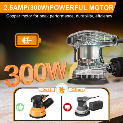 5-Inch Random Orbital Sander,12000RPM Variable Speed Palm Sander,Electric Orbital Sander with 20 Sanding Pads & Dust Bag, Compact Power Tool for Wood Finishing, Metal Sanding, Home Renovation