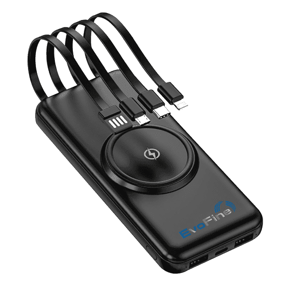 Black EvoFine wireless portable power bank with four integrated charging cables and a circular magnetic charging pad.